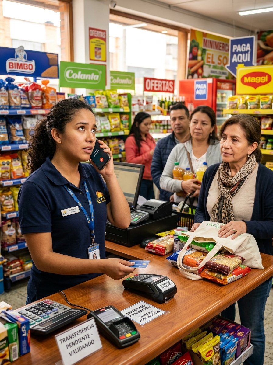 Empleado llamando para confirmar un pago mientras clientes esperan